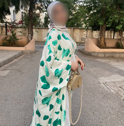 💮 Abaya fluide imprimée – Élégance en 3 Pieces